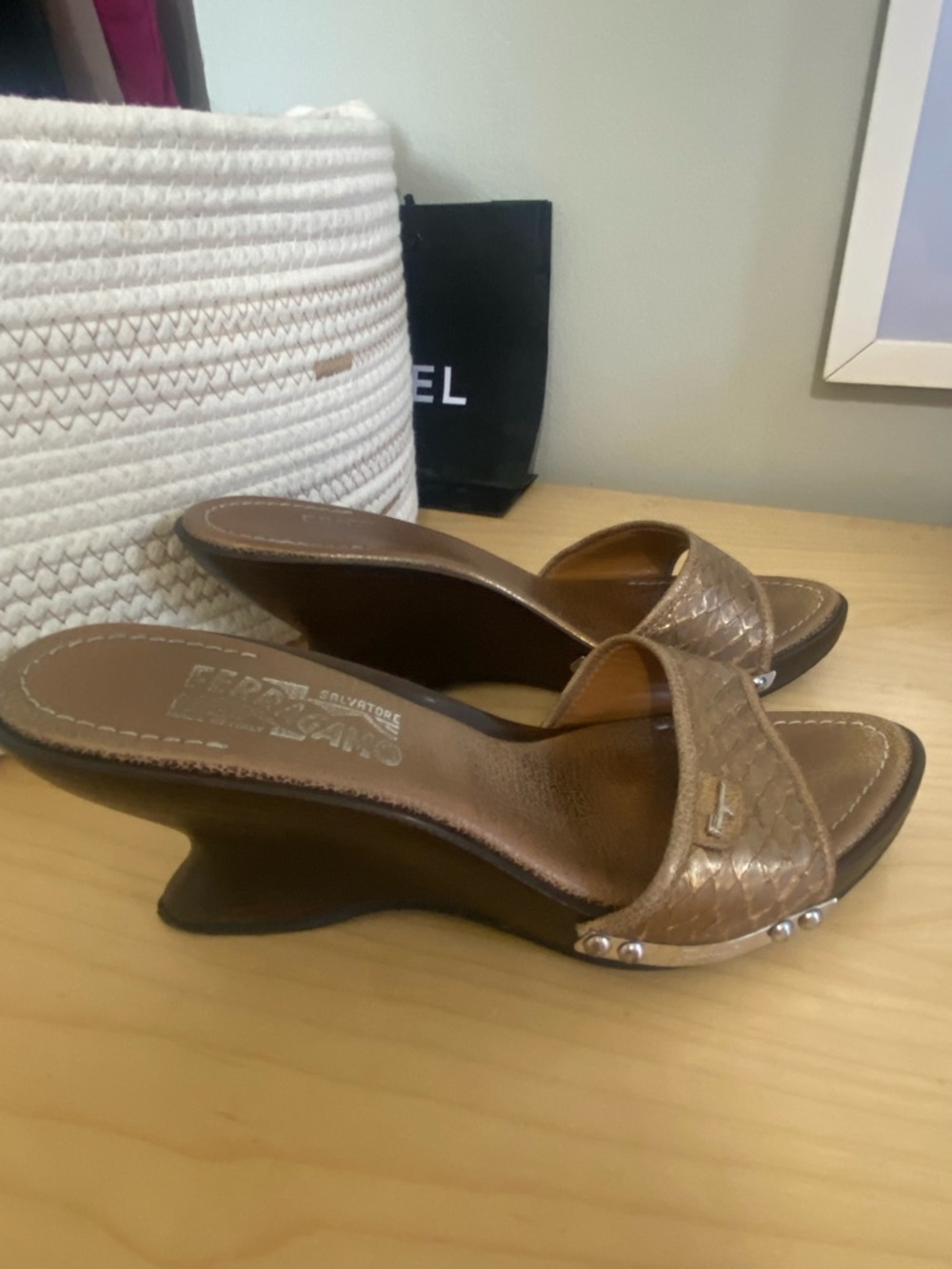Salvatore Ferragamo Tan Wedge Slide Mules